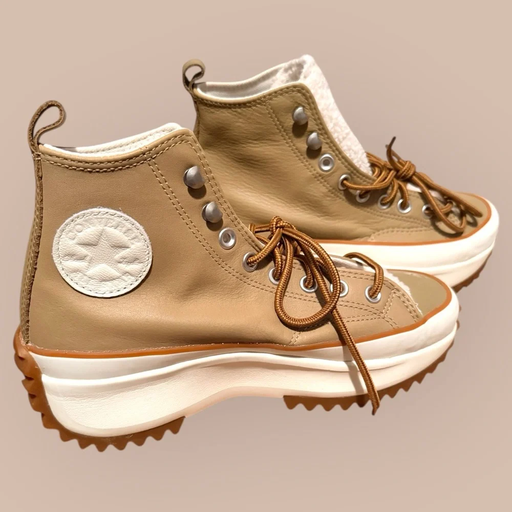 Converse Run Star Hike Hi Platform Sherpa Leather Nomad Khaki sneaker. - Picture 3 of 5
